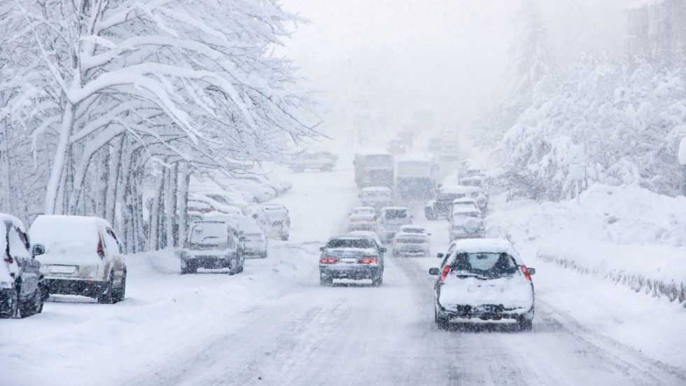 Snowstorm, poor visibility,slick roads and lots of traffic